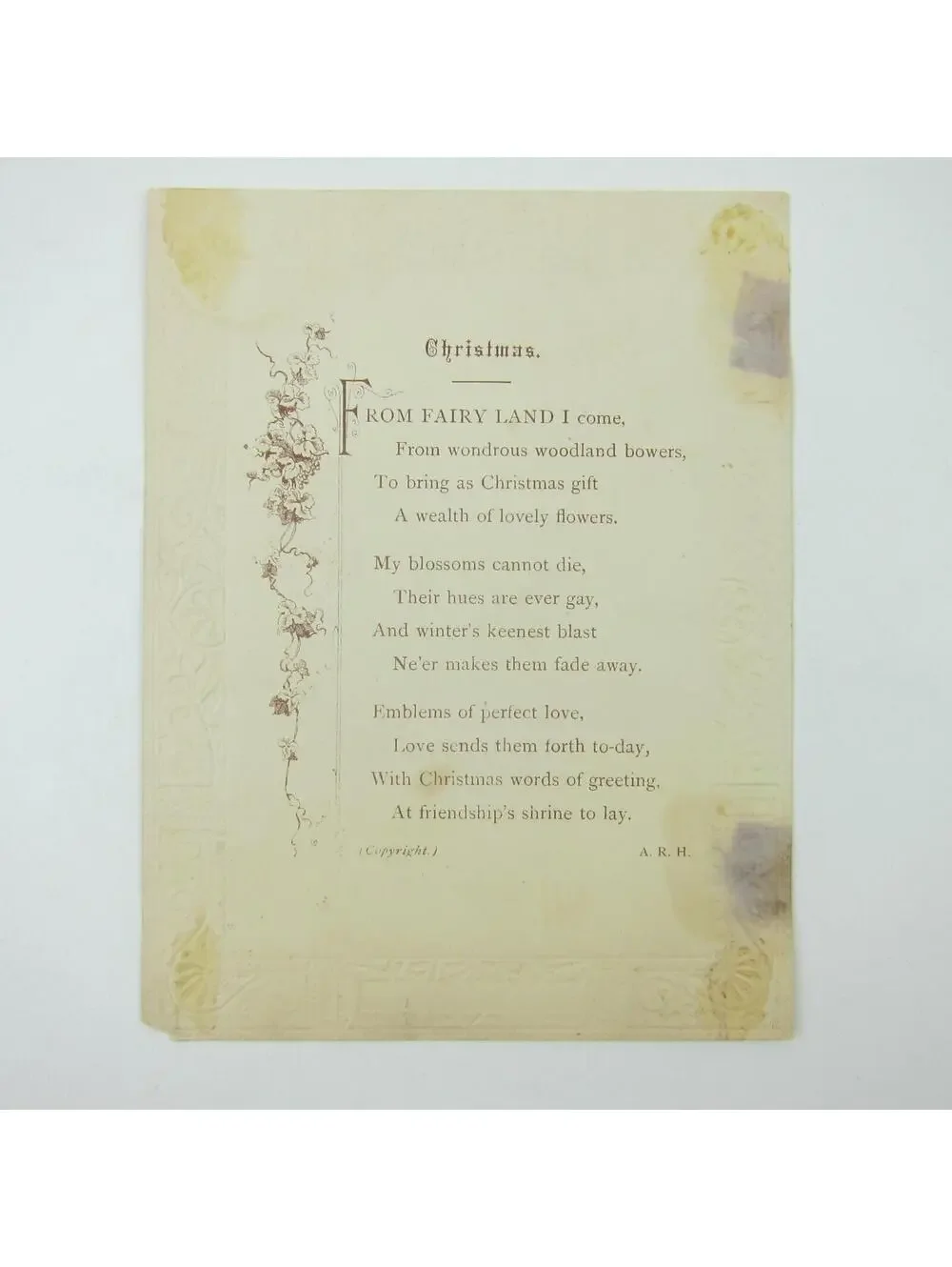 Victorian Christmas Card Girl Holds Pink Flowers Poem Embossed Marcus Ward & Co